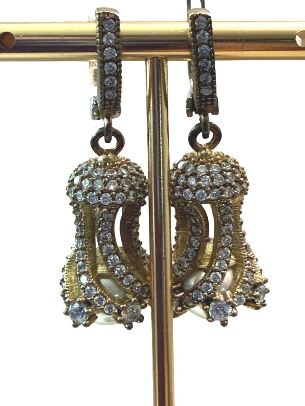 Vintage 1.5 " Sterling Silver Earrings & Pendant Set With Crystals & Faux Pearls